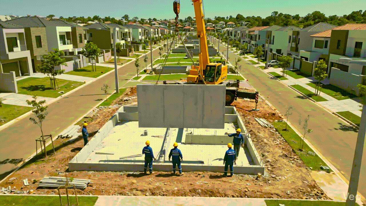 Estrutura modular em montagem com guindaste em obra